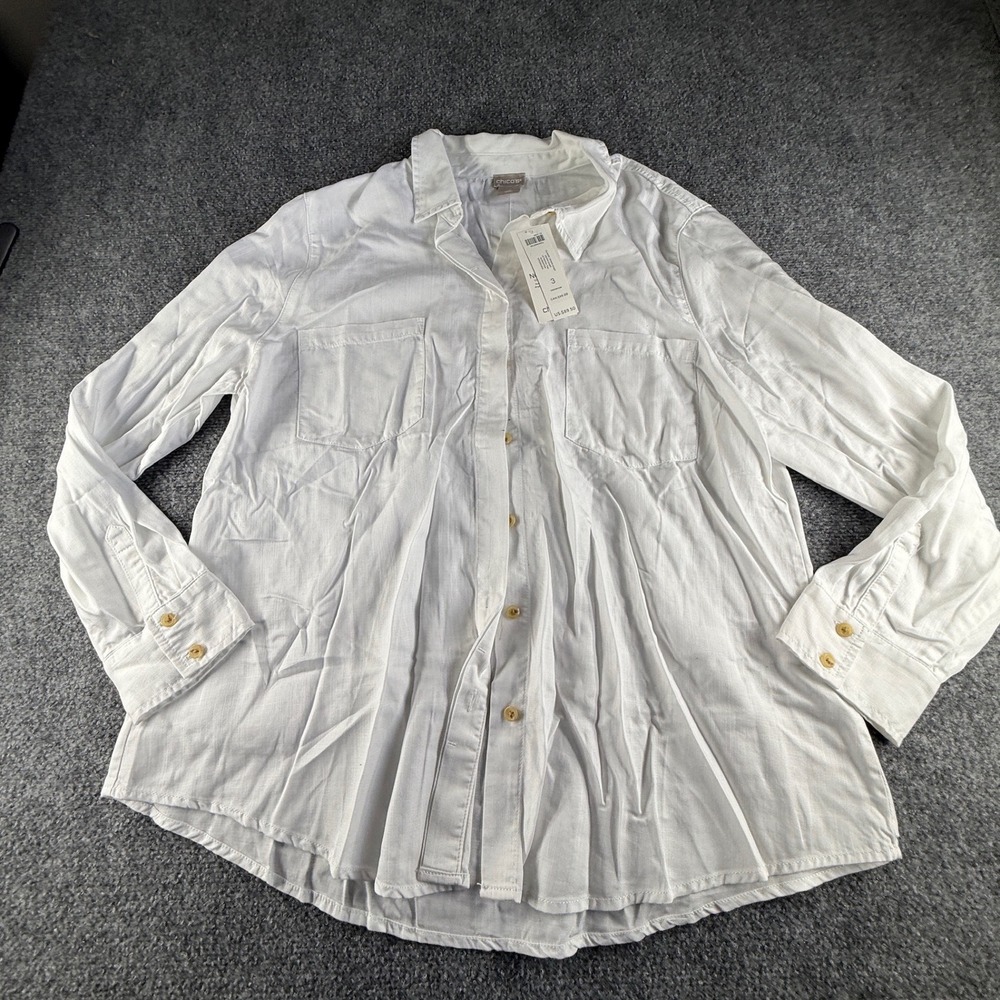 Chico's Classic Denim Shirt Alabaster White Stain Shield Button Down Top Size 3